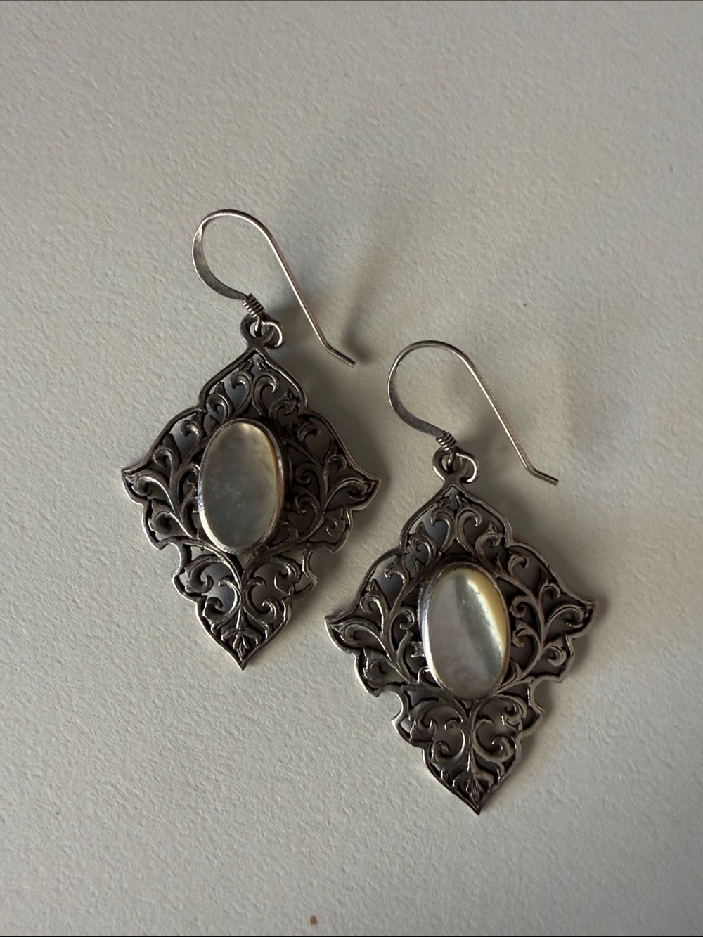 Silver Filigree Drop Earrings with Mother-of-Pearl